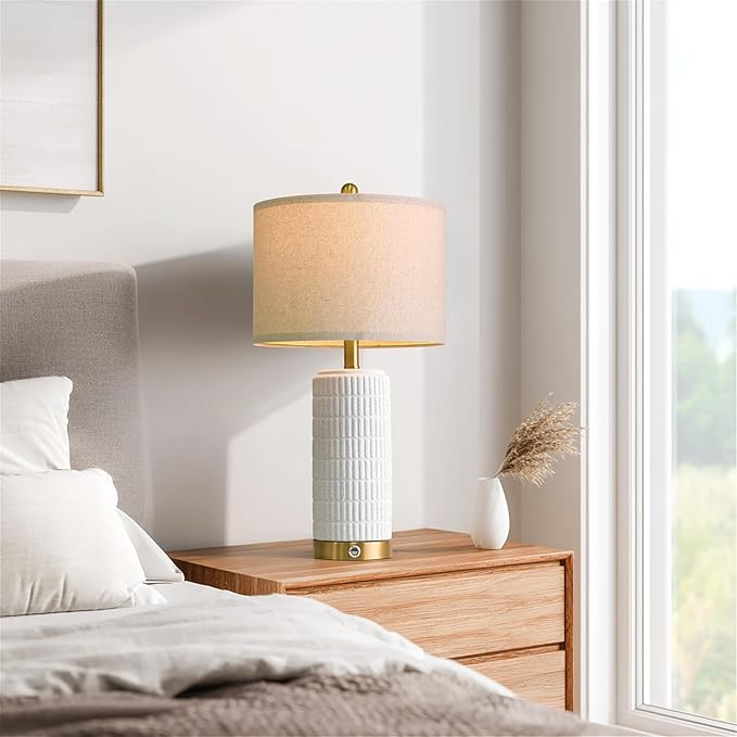 PoKat Stone-Like Ceramic Table Lamps with USB Ports for Bedroom, 25'' Matte-White Dimmable Nightstand Touch Lamps for Night Stands with Gold Base, Farmhouse Lamps for Living Room End Side Table