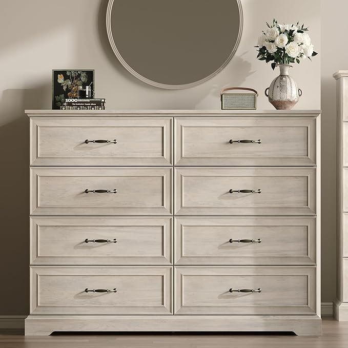 Farmhouse 8 Drawers Dresser for Bedroom, 54" Wide Modern Chest of Drawers with Deep Drawers & Bar Handles, Rustic Wood Dresser TV Stand, Wooden Closet Storage Organizer for Living Room, Hallway, Grey