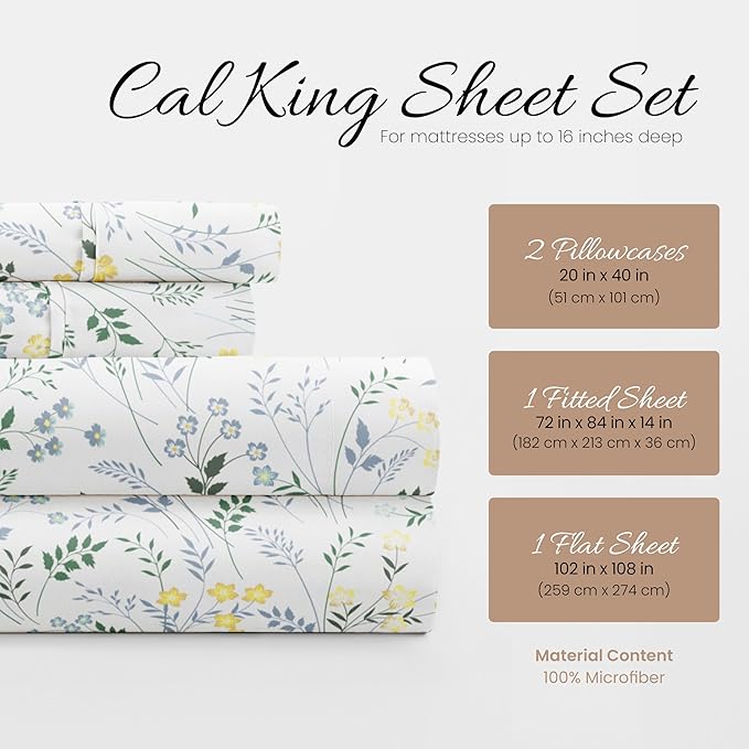 Linen Market Double-Brushed Patterned Microfiber California King Sheet Set 4 Piece – Oeko-TEX Certified Ultra Soft & Wrinkle-Free - 16" Deep Pocket Sheets Easy Care Cal-King Size - Wildflower Blue
