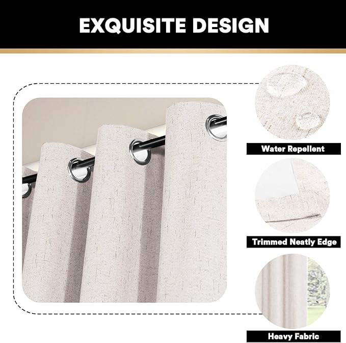 PrinceDeco 100% Blackout Curtains for Sliding Doors Blackout Curtains 84 Inches Long Thermal Insulated Linen with White Backing Sound Proof Energy Efficient for Bedroom,W100 X L84 Inch, Ivory