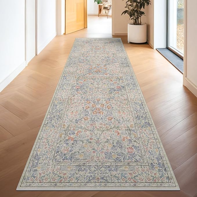 Boho 3x16 Wide Hallway Runner - Beige Blue and Purple, Washable Low Pile Non Slip Stain Resistant 16ft Runner Rug for Long Kitchen, Hall Way, Floral Forest Decor