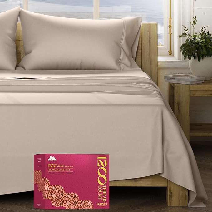 Mayfair Linen 100% Egyptian Cotton Sheets Queen Size - 1200 Thread Count 4 PC Queen Sheet Set Egyptian Cotton, Sateen Luxury Sheet, High Thread Count Sheets, 17" Deep Pocket - Taupe