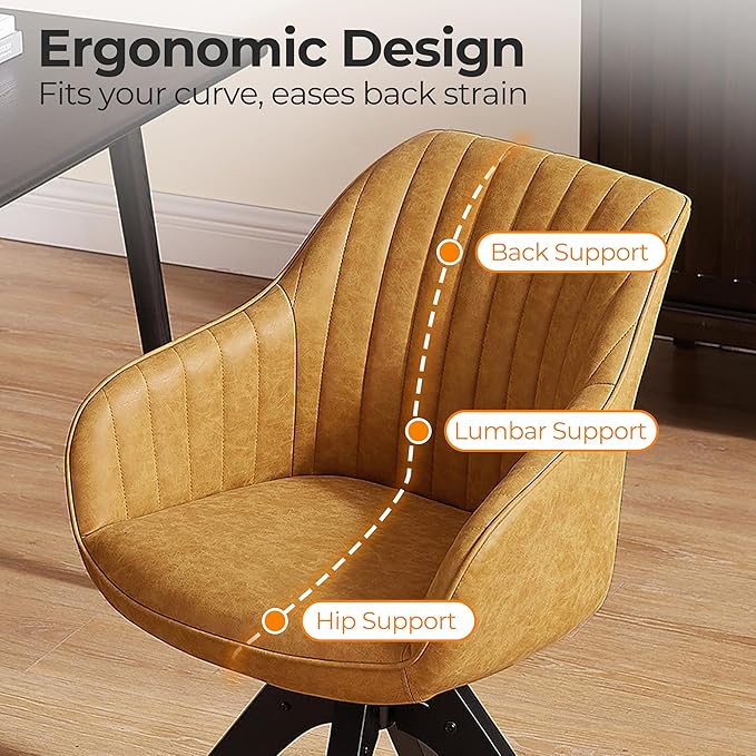 Zouron Mid Century Modern Accent Chair with Black Oak Wood Legs, Upholstered Swivel Chair No Wheels, Side Accent Armchair Vanity Chair for Small Space Home Office Living Room Bedroom, Yellow Brown