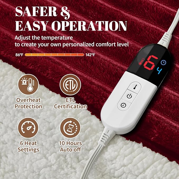 Electric Heated Blanket Queen Size Dual Control - 84"x90" Fast Heating Bed Blankets with 6 Heating Levels & 10 Hours Auto Off, Soft Ribbed Flannel, Over-Heat Protection ETL, Red