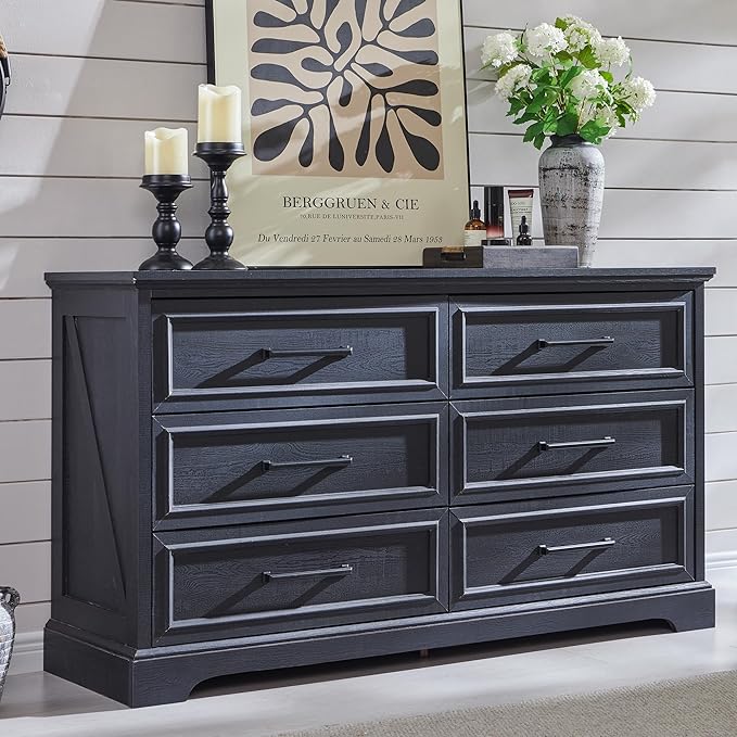 JXQTLINGMU Farmhouse 6 Drawers Dresser for Bedroom, 52'' Wide Large Wood Dressers with Bar Handles, Chests of Drawers with Storage Dressers Organizer for Bedroom, Hallway, Black