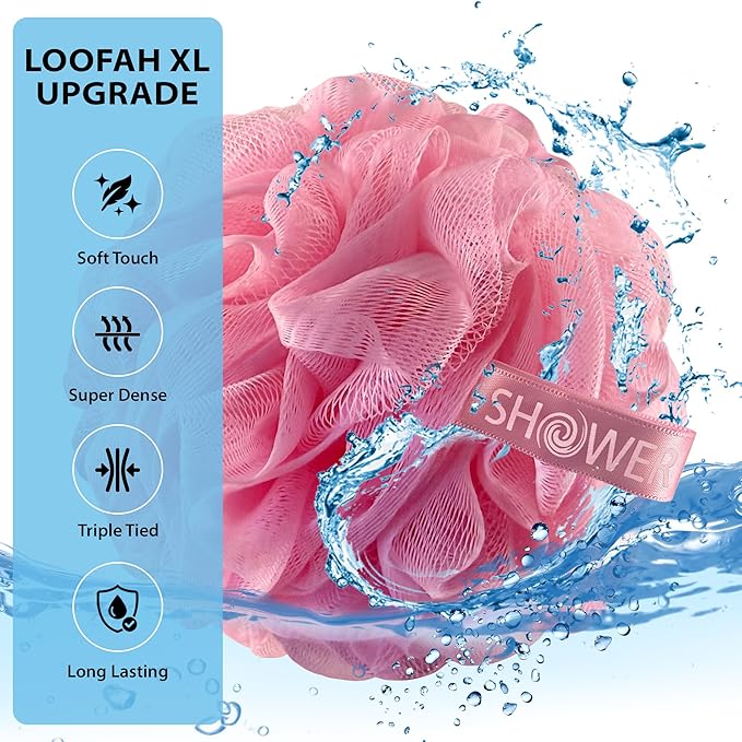 SHOWER BOUQUET Loofah Bath-Sponge XL Pink-4-Pack // Extra Large 75g Soft Mesh Net Luffa Loofa Loufa Lufa Puff Set/Exfoliating Body Scrubber for Women and Men - Exfoliate & Soothe Face & Body