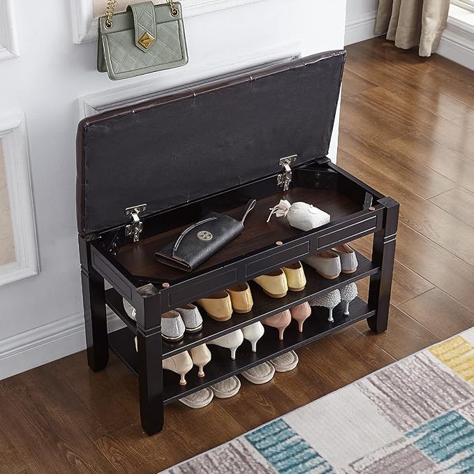 Shoe Storage Bench with Cushion, Entry Bench with Storage Solid Wood Shoe Bench Ideal for Entryway Living Room and Corridor (Black, 31.5'')