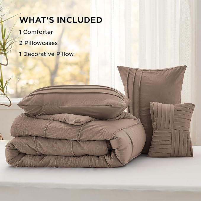 Bedsure Queen Comforter Set - 4 Pieces Pinch Pleat Bed Set, Brown Boho Bedding for All Season, 1 Soft Comforter, 2 Pillowcases, 1 Decorative Pillow
