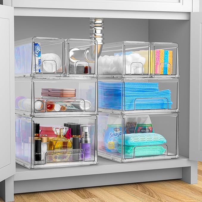 Sorbus Small Clear Stackable Storage Drawers – 6 -Pack Plastic Organizer Bins with Handles – Stackable Pull-Out Storage Drawers for Closet, Pantry, Office, Bathroom, Craft, and Toy Organization