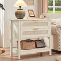 LEYAOYAO 31.5" Wide Rattan Night Stand, Oversized Large Boho Nightstand with 2 Drawer, Grey White Bed Side End Tables with Storage Shelf, Tall Bedside Table for Bedroom Living Room, Hallway