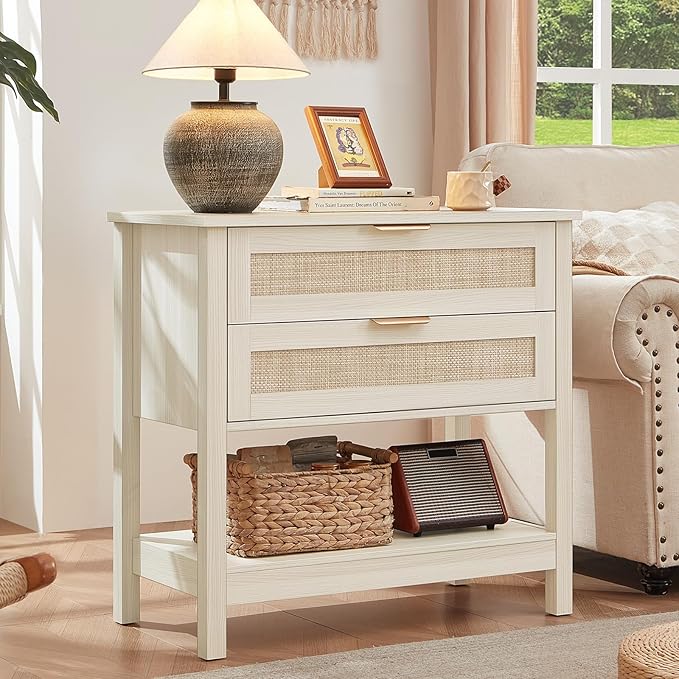 LEYAOYAO 31.5" Wide Rattan Night Stand, Oversized Large Boho Nightstand with 2 Drawer, Grey White Bed Side End Tables with Storage Shelf, Tall Bedside Table for Bedroom Living Room, Hallway