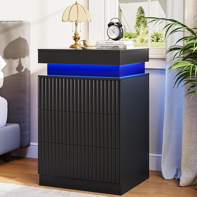 Nightstands Set of 2 with Charging Station & LED Lights, Modern Small Fluted Bedside & End Tables with 3 Drawers, Sliding Top & Hidden Storage, Wooden Farmhouse Night Stand for Bedroom Office, Black