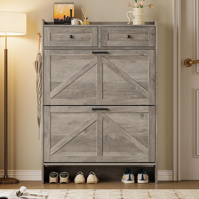 Shoe Storage Cabinet for Entryway, Farmhouse Narrow Shoe Cabinet with 2 Flip Drawers & Top Drawers, Adjustable Shelves & Hooks, Freestanding Hidden Rack Organizer for Hallway, Foyer