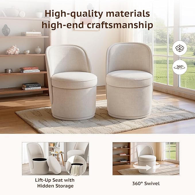 Swivel Accent Chair Set of 2, 360° Swivel Round Chair with Hidden Storage, Vanity Chairs, Modern Small Barrel Armchair for Living Room/Bedroom, Beige