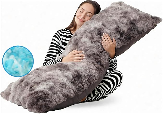 ZonLi Fluffy Bubble Body Pillow – Faux Rabbit Fur Long Pillow for Adults, 20x54 Inch Plush Body Pillow for Sleeping & Lounging, Dual-Sided Soft Cover with Adjustable Memory Foam Filling, Grey