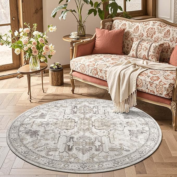 jinchan Round Rug 4ft Area Rug Indoor Vintage Floral Circle 4' Washable Ultra-Thin Low Pile Soft Small Non Slip Distressed Print for Living Room Dining Room Bedroom Entryway Taupe