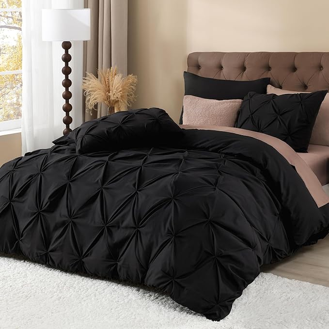 Litanika Black Oversized King Pinch Pleat Duvet Cover, 3 Pieces Pintuck Cover Soft Microfiber Bedding Set with Zipper Closure & Corner Ties(1 Duvet Cover, 2 Pillowcases)