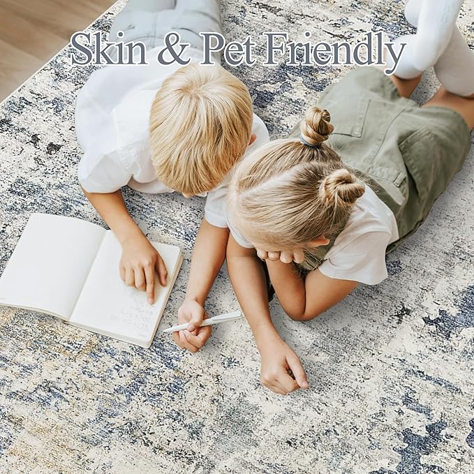 Abstract Rug 8x10 Large Living Room Rugs Neutral Modern Washable Area Rugs for Bedroom Dining Room Non-Slip Stain Resistant Foldable Thin Rug Blue Yellow