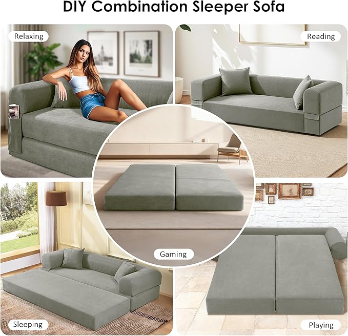 80" Convertible Sofa Bed, No Assembly Modern Boneless Compression Sofa in Box, 3-in-1 Corduroy Folding Pull Out Couch with Pillows, Floor Couch with Side Storage Pocket for Living Room,Light Grey