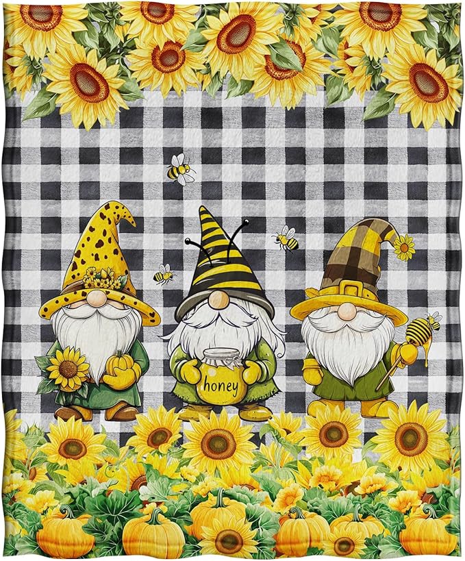 Jekeno Christmas Gnomes Sunflower Blanket Dwarf Floral Gifts for Women Men Boys Girls Dad Mom Husband Wife Friends Birthday Home Bedroom Room Decor Flower Blanket 60"x80"
