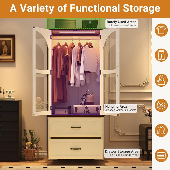 Tall Farmhouse 2 Doors Armoire Wardrobe Closet with LED ,72" Freestanding Arched Wardrobe Closet Cabinet for Bedroom w Glass Doors/Drawers,Wooden Clothing Storage Cabinet,Closets for Bedroom(White)
