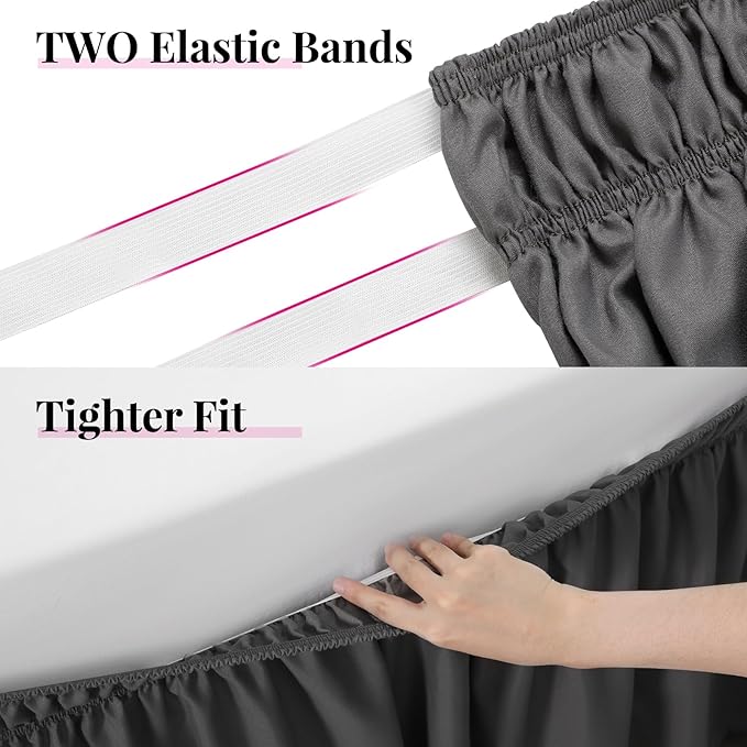 RIMELA Dark Grey Bed Skirt Queen Size 12 Inch Drop, Elastic Bed Skirting for Bed Base and Frame, Bedding Dust Ruffle Easy to Install, Lightweight Comforter Set with Wrap Around Adjustable Bedskirt