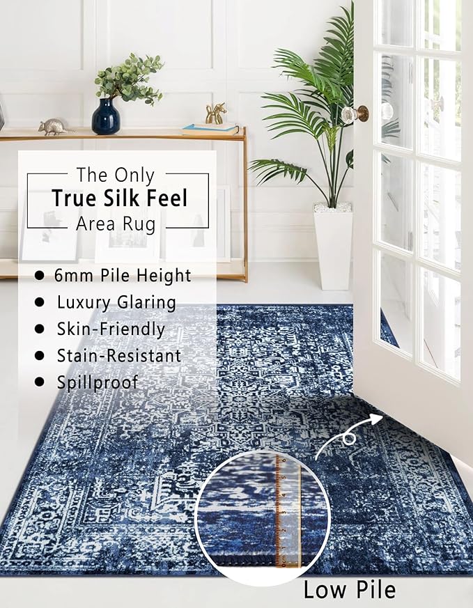 vivorug 9x12 Area Rugs, Stain Resistant Washable Rug for Living Room, Vintage-Inspired (Navy Blue, 9'x12')