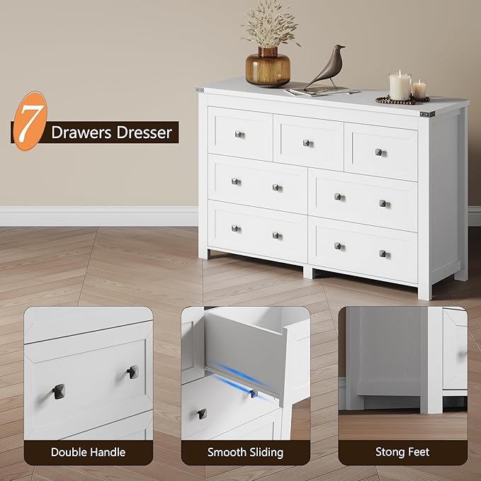 Dresser for Bedroom with 7 Drawers, Farmhouse Wood Chest of Drawers, Wide TV Stand Closet Storage Furniture with Metal Handle, Modern Clothes Organizer for Hallway, Living Room, Entryway, White