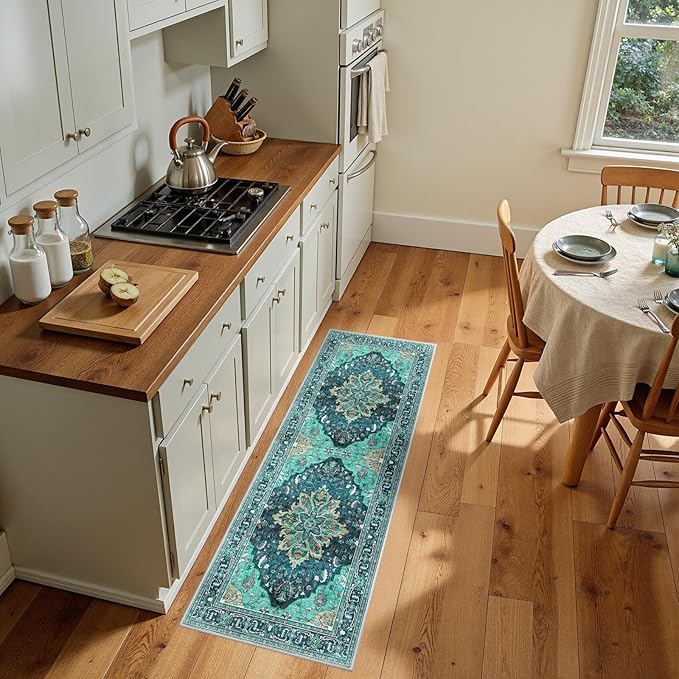 Area Rugs 2'x5' Washable Non-Slip, Floral Vintage Distress Print Pattern Medallion Carpet for Living Room Bedroom Dining Room, Teal Green Lake Blue Turquoise