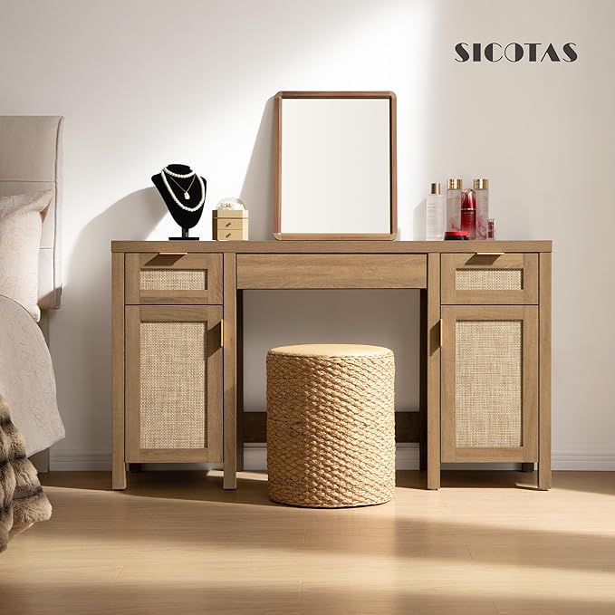 SICOTAS 2 Pieces Rattan Vanity Home Office Desk - Big Boho Makeup Vanities Benches with Drawers & Storage Cabinets, Dressing Vanity Table for Makeup Room, Bedroom, Home Office, Oak