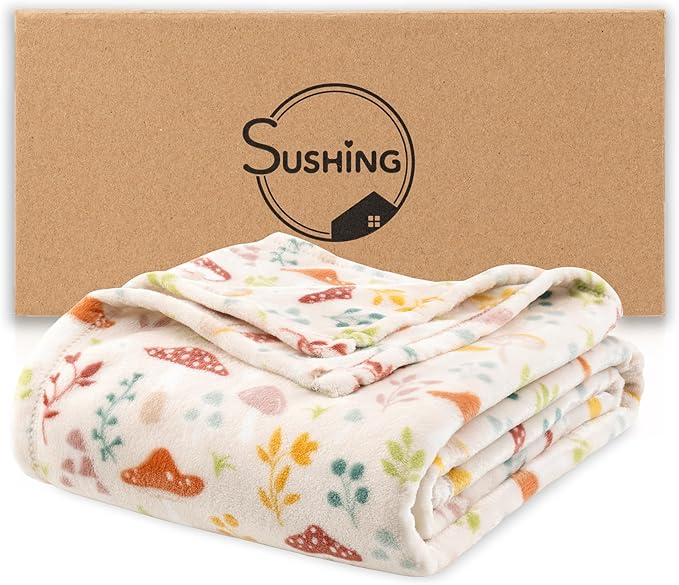 Luxury Printed Fleece Warm Blanket, Soft Lightweight Velvety Plush Throw for Couch and Bed, Cozy Comfy for All Seasons(Cream Various Mushrooms, 70×90 Inches)