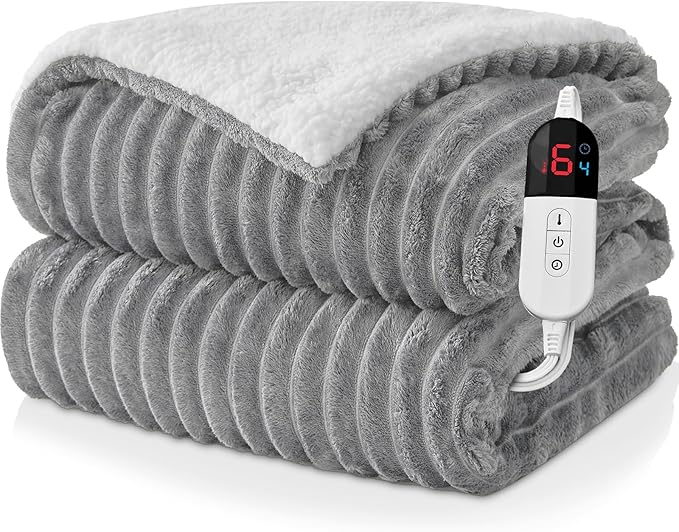 Electric Heated Blanket Full Size - 72"x84" Fast Heating Bed Blankets with 6 Heating Levels & 10 Hours Auto Off, Soft Ribbed Flannel Sherpa, Over-Heated Protection ETL, Light Gray