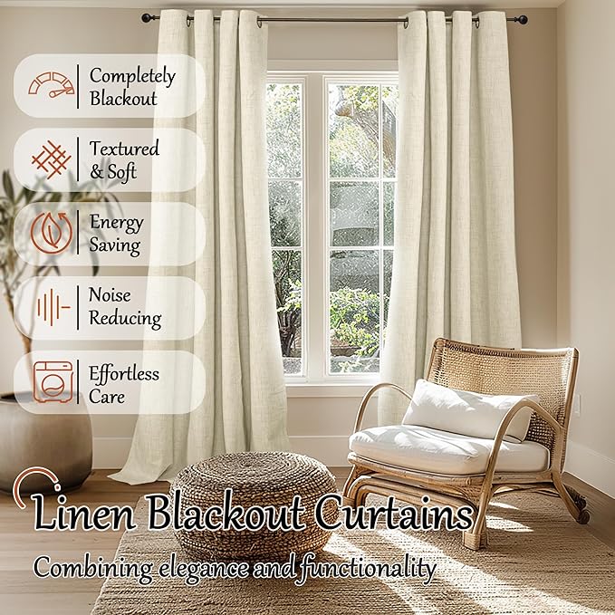 Cream 100% Blackout Curtains for Living Room 84 Inch Length 2 Panels Set, Thermal Insulated Light Blocking Faux Linen Curtains for Bedroom, Bronze Grommet Boho Window Drape Each 52" Wide