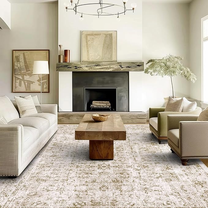 5x7 Area Rugs - Ultra-Thin Washable Rug with Non-Slip Backing, Ideal for Living Room, Bedroom, Dining Room Indoor - Vintage, Easy Clean, Durable, Low Pile Rug Olive