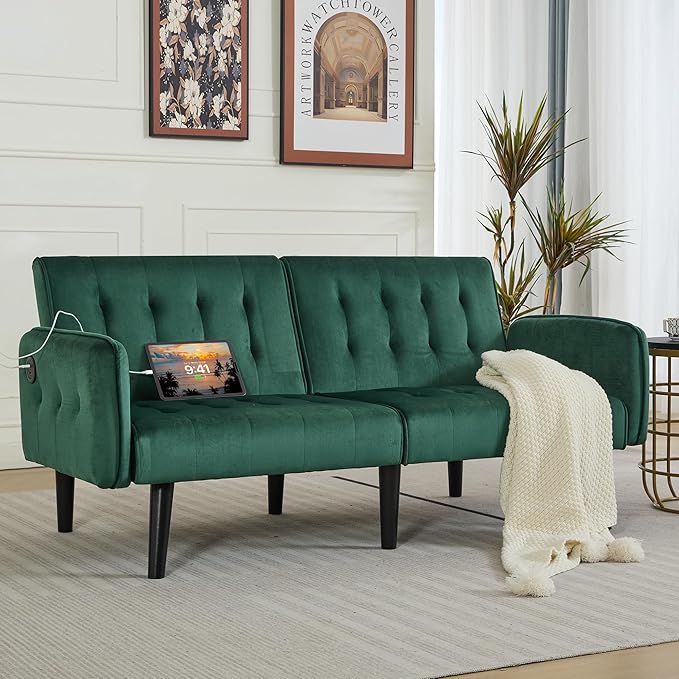TYBOATLE 65" W Velvet Modern Convertible Folding Futon Couch Sofa Bed w/ 2 USB Charging Ports and arms, Loveseat for Living Room, Office, Apartment, Bedroom (Green)