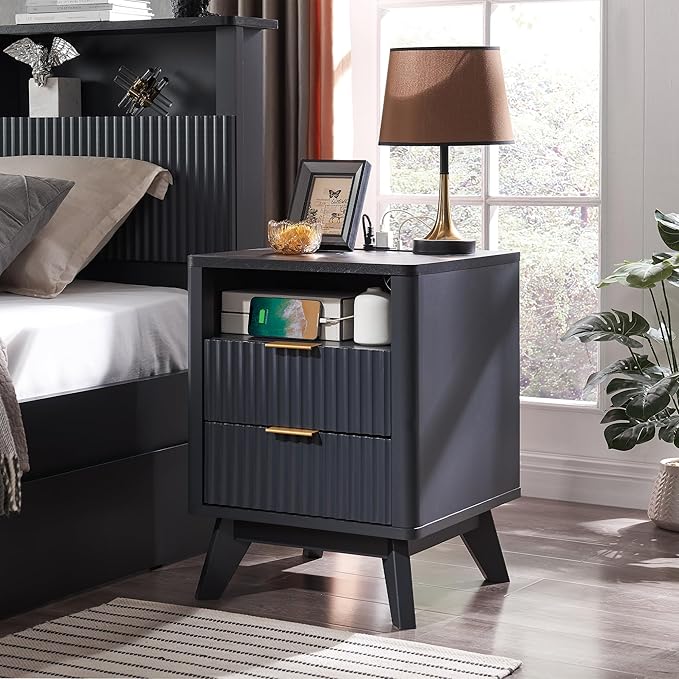 T4TREAM Fluted Nightstand with Charging Station, 18" Modern SideTable with Faux Marble Top, 2 Drawers End Table w/Storage, Bedside Table for Bedroom, Living Room, Curved Profile Design, Dark Grey