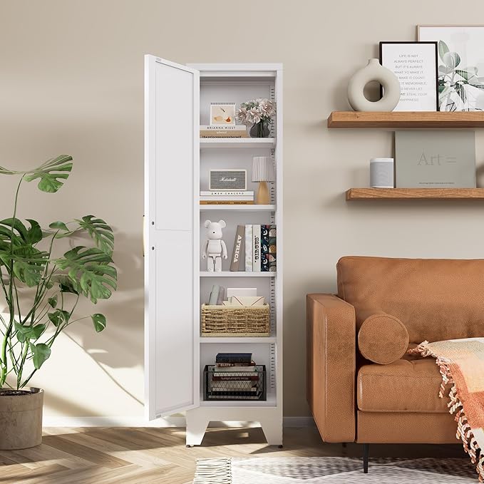 COFaR Tall Bathroom Storage Cabinet, Metal Farmhouse Narrow Slim Cabinet with Adjustable Shelves Barn Door for Bathrooms, Kitchens, Entrances Living Room (White)