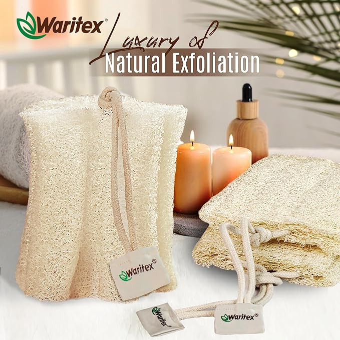 Waritex Premium Natural Egyptian Loofah Sponges, Made from 100% Natural Organic Material, Gentle Skin Exfoliation, and Full-Body Spa Experience – Eco-Friendly Loofah 3 Count (1 Pack)