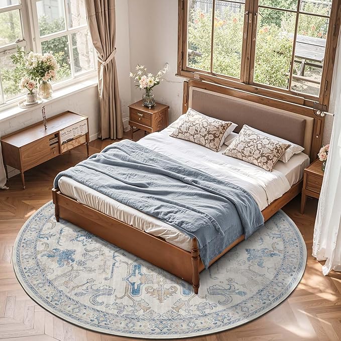 jinchan Round Rug 7ft Area Rug Vintage Floor Mat Kitchen Indoor Ultra-Thin Soft Floral Print Washable Circle 7' Accent for Farmhouse Non Slip Dining Room Living Room Bedroom Office Blue