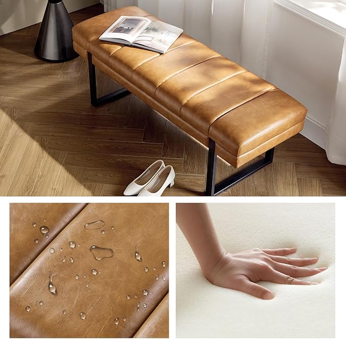 HULALA HOME 53" Faux Leather Entryway Bench, Button Tufted End of Bed Bench Ottoman for Bedroom, Living Room with Metal Base,Camel