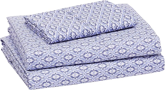Amazon Basics Lightweight Super Soft Easy Care Wrinkle Free Microfiber 3 Piece Bed Sheet Set with 14-Inch Deep Pockets, Twin, Blue Damask, Printed, Kids, Men & Women Bedding (Pack of 4)