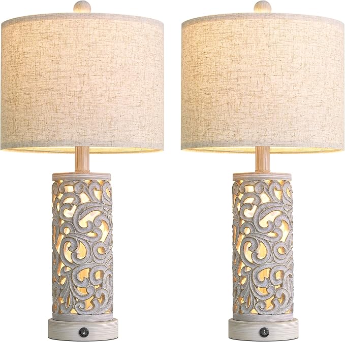 OYEARS Bedside Table Lamps Set of 2 with USB & Night Light, 22'' Farmhouse Bedroom Lamps for Nightstand, Vintage Table Lamps for Bedroom Living Room Home Offce (Bulb Included)