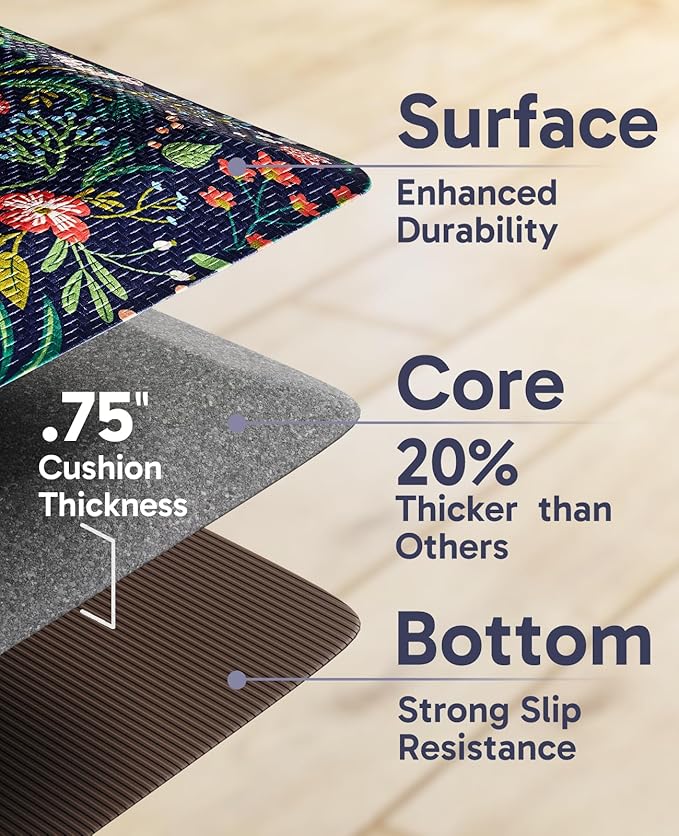 Ophanie Kitchen Mats for Floor, 3/4 inch Thick, 20x39 Anti Fatigue Cushioned Mat, Kitchen Rugs, Waterproof, Comfort Ergonomic Standing Mat for Office, Home, Sink, Blue Flower Non-Slip Ridged Bottom