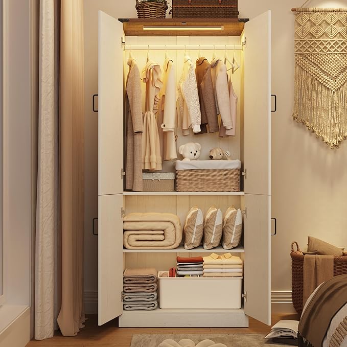 75" Tall Farmhouse 2 Doors Armoire Wardrobe Closet with LED,Freestanding Closet Wardrobe Cabinet for Bedroom with Hanging Rod,Wooden Armoire Storage Cabinet Adjustable(Rustic Off White)