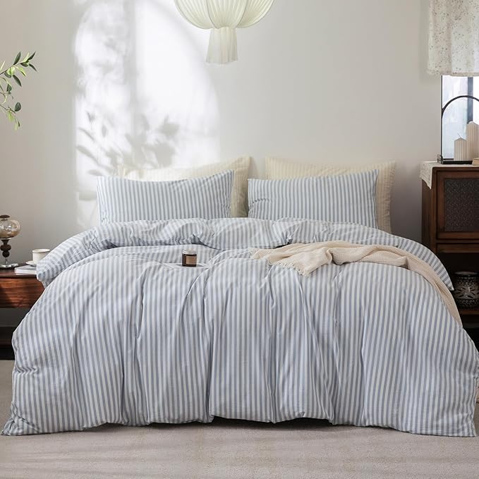 FOSSA Striped Duvet Cover Set 100% Washed Cotton Linen Feel Super Soft Breathable Cozy 3 Pieces Bedding Sets Cornflower Blue White Classic Stripes Queen