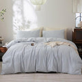FOSSA Striped Duvet Cover Set 100% Washed Cotton Linen Feel Super Soft Breathable Cozy 3 Pieces Bedding Sets Cornflower Blue White Classic Stripes Queen