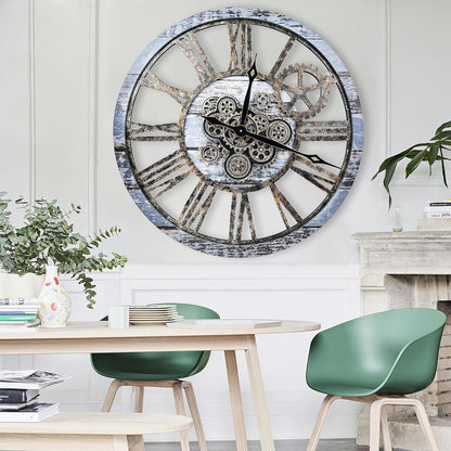 The B-Style Large Wall Clock 24 inch Moving Gear Wall Clock Oversized Vintage Farmhouse Wall Clocks for Living Room Decor Rustic Industrial Wood Clock (Aqua Green, 36 inch/90cm)