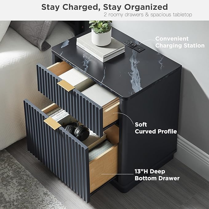 T4TREAM 23'' Fluted Nightstand Set of 2 with Charging Station, Large 2 Drawer Bedside Table, Modern End Table with Storage, Mid Century Night Stand for Bedroom Living Room, Curved Profile, Dark Grey