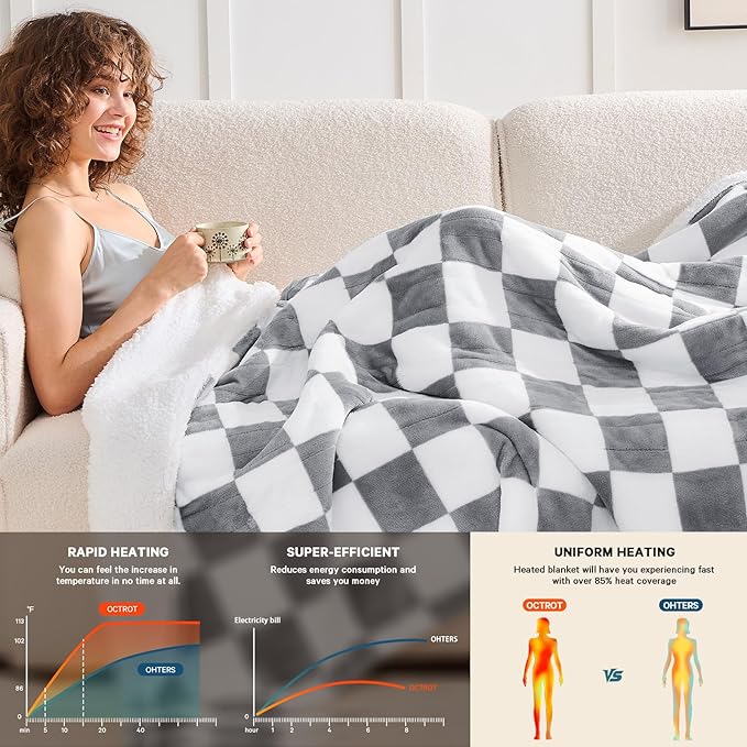 Heated Electric Blanketc Throw, 50X60 Heating Blanket with 10 Heat Level & 8 Hour Auto Off for Lap, Light Gray Checkered Plaid Sherpa Blankets Warmer Gift for Couch Grandma Women Adults Washable