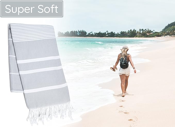 Premium Turkish Beach Towel – 100% Cotton, Quick Dry, Sand Free, Oversized Beach Towels 35”x 67” – Ideal for Travel and Pool Towels – Silver Grey